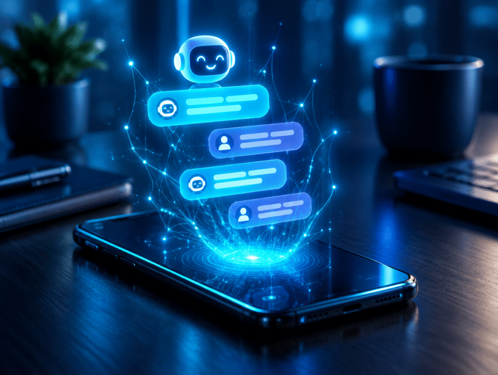 Smartphone showing an AI chat assistant with glowing network lines