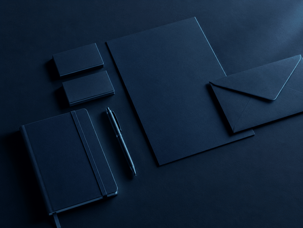 Navy brand stationery with business cards, letterhead and notebook