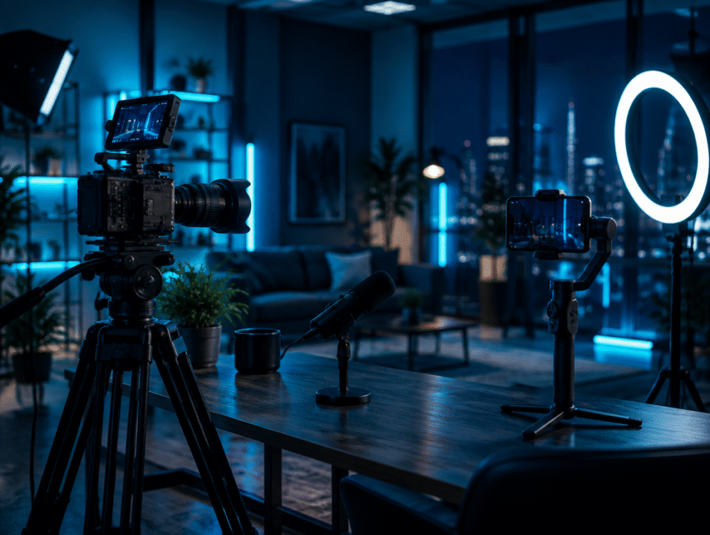 Content studio with a camera, ring light and phone on a gimbal