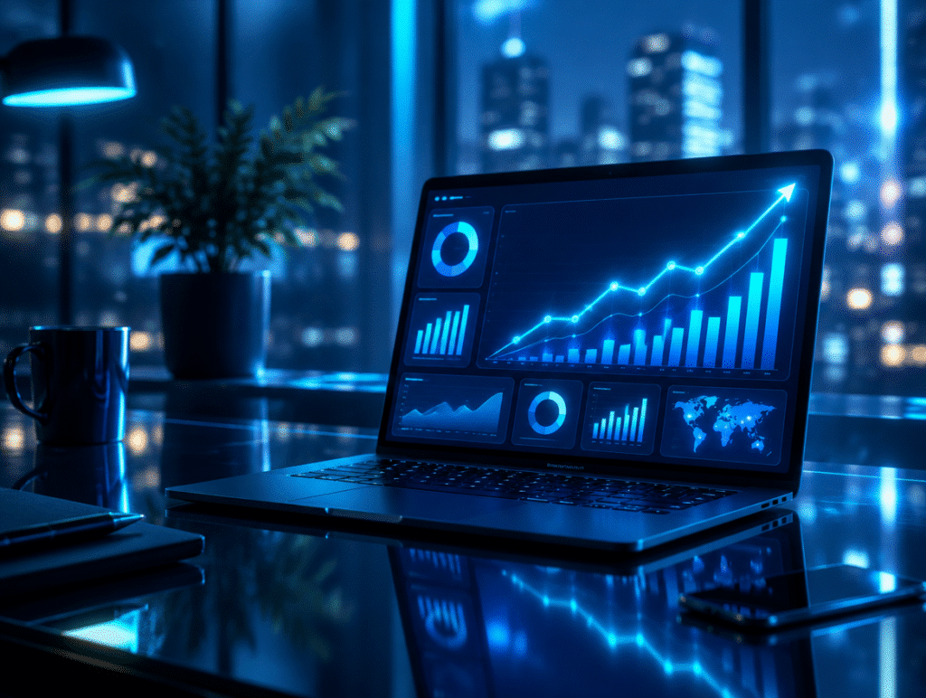Laptop showing an advertising performance dashboard with rising charts