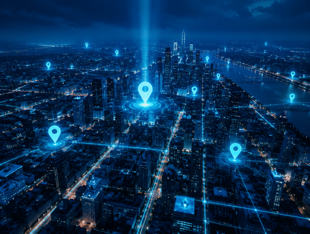 Night city with glowing location pins above the streets